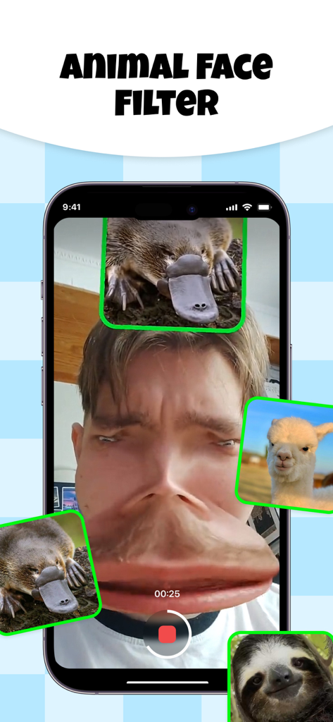 Animal Face Filter Challenge - A user applying a funny platypus face filter in the Animal Face Filter Challenge app