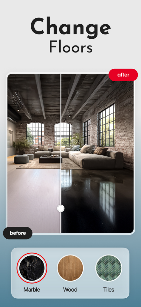 Home AI - AI Interior Design - A before and after comparison of a room interior showing the change floors feature with marble wood and tile options