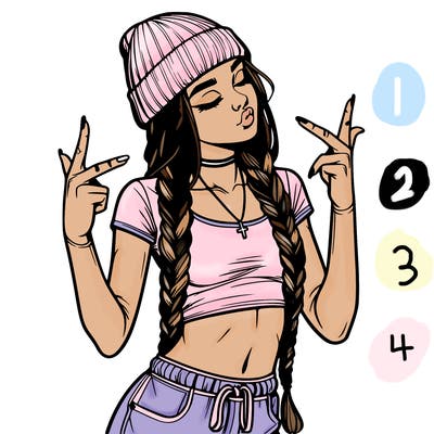 realistic teenage girl with braids and a beanie and crop top doing 🫶🏼