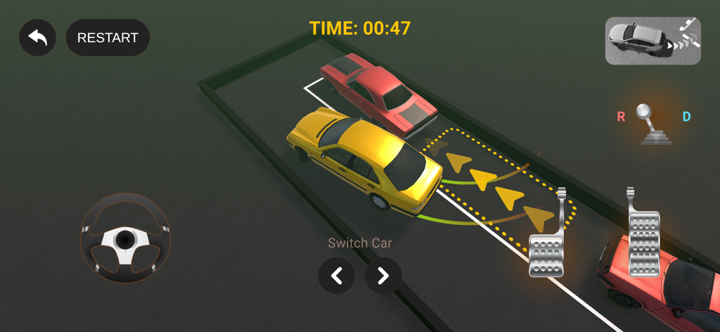 3D Car Parking Driving School - Top down view of a yellow car performing a parallel park in a 3D driving simulator