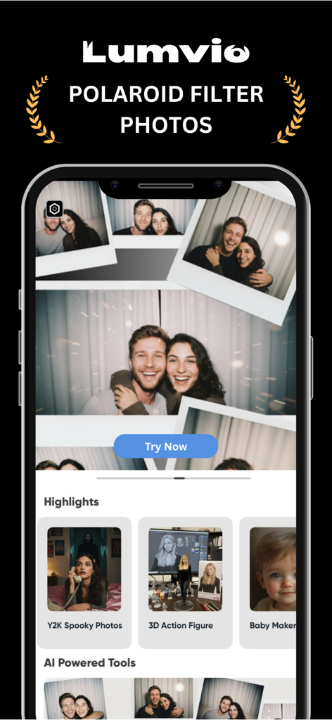 Lumvio ai - ai photo generator - Lumvio AI mobile App-Oberfläche mit Polaroid-Filterfotos und kreativen Highlights.