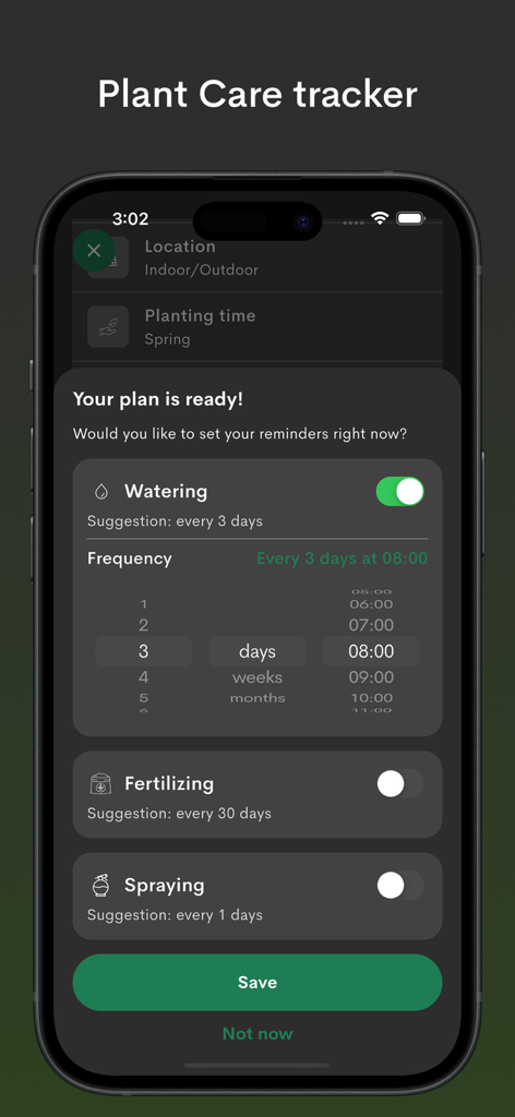 Plantix- Plant Leaf Identifier - Mobile app screen for Plantix plant care tracker showing watering and fertilizing reminder settings