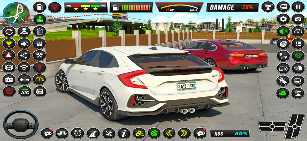 School Driving: Car Simulator - User interface of School Driving Car Simulator with a white car and driving controls