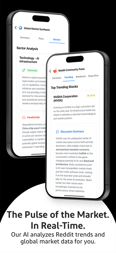 Stockbroker AI - Stockbroker AI mobile app interface showing Reddit sentiment analysis and global market trends for NVIDIA