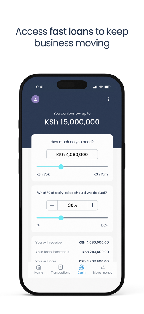Kopo Kopo mobile app interface for requesting a business cash advance with customizable repayment settings
