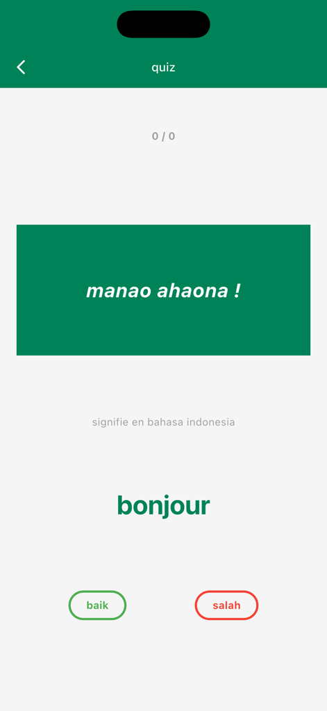 antisèche malagasy - Vocabulary quiz screen from the Antiseche Malagasy travel app showing a language translation question