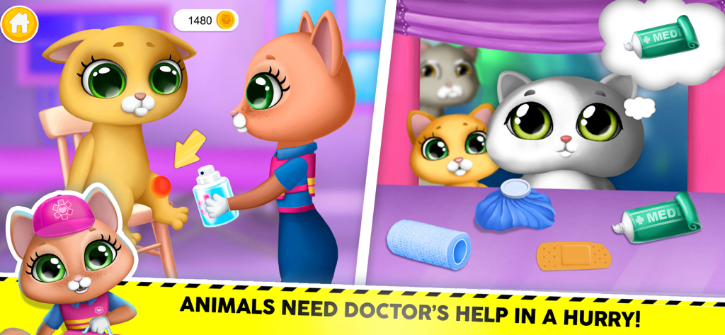 Kitty Meow Meow City Heroes - A cartoon cat doctor treating a patient cat with medical spray and first aid tools