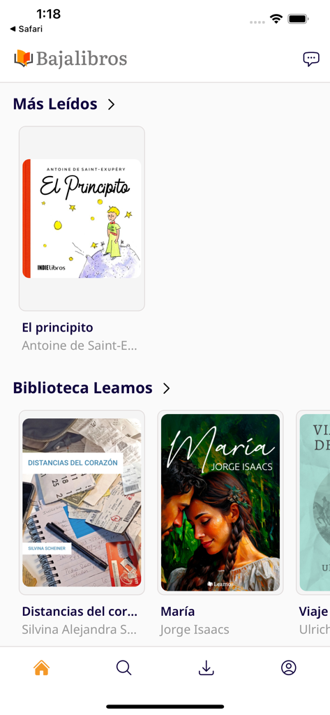 Pantalla de inicio de la aplicación Lector BajaLibros que muestra un catálogo de libros electrónicos populares en español, incluyendo El Principito