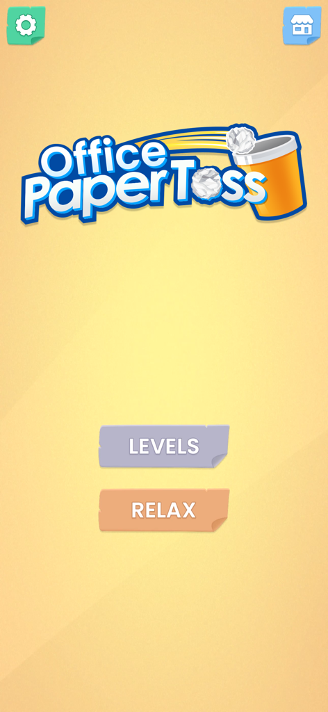 Pantalla del menú principal del juego móvil Office Paper Toss que muestra los botones Niveles y Modo Relajado