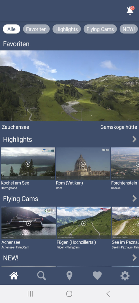 Feratel webcams app home screen showing live camera feeds and categories for outdoor planning