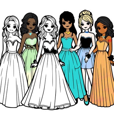 group of teenage girls in prom dresses
