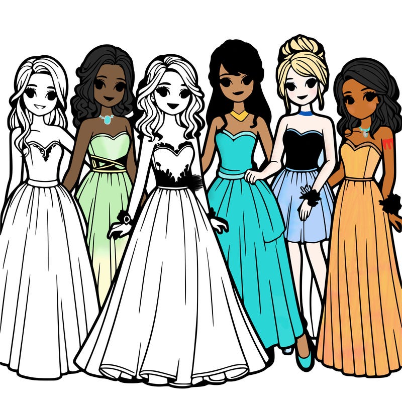 group of teenage girls in prom dresses
