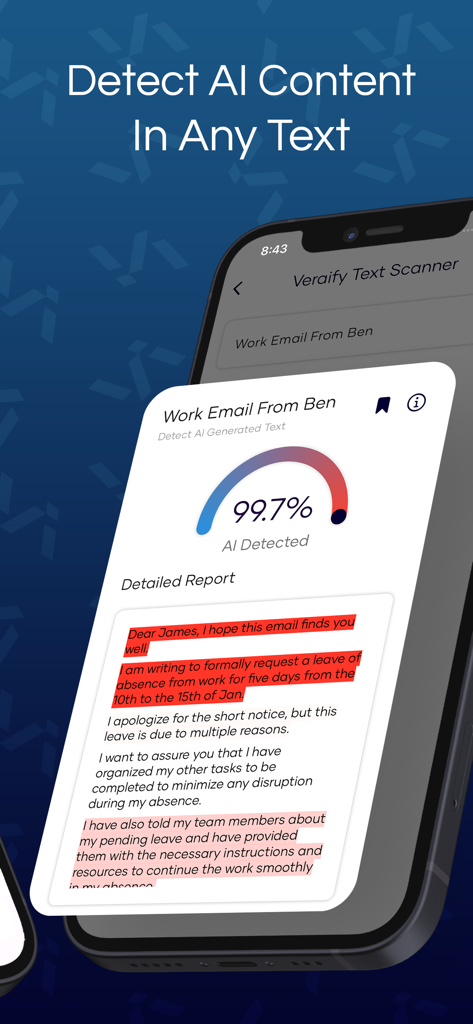 Veraify: AI Detector & Scanner - Interface de l'application Veraify montrant un score de détection IA de 99,7 % sur un e-mail professionnel analysé.