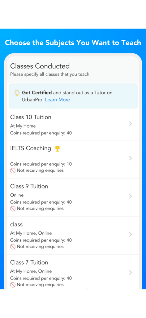 UrbanPro for Tutors - UrbanPro app interface showing a list of subjects a tutor can choose to teach including school tuition and IELTS coaching