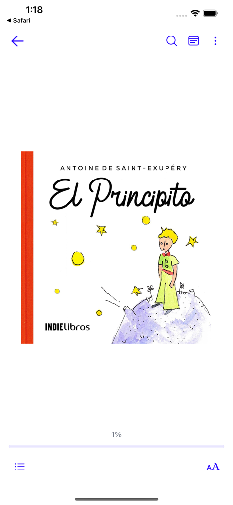 Aplicación Lector BajaLibros que muestra la portada de la edición en español del libro electrónico El Principito.