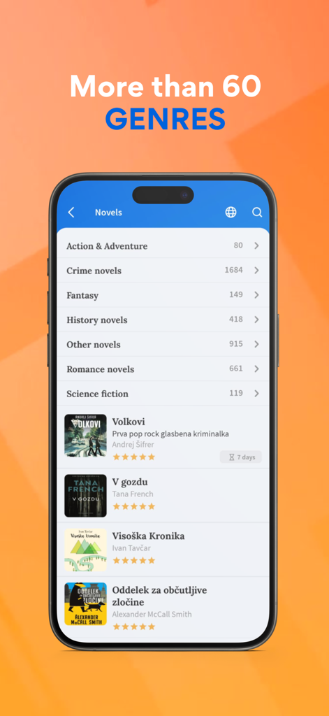Audibook - Audibook app interface showing a list of novel genres and book titles with ratings on a smartphone.
