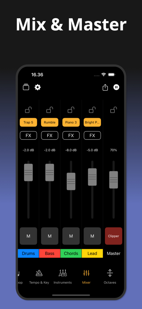 Songen: Instant MIDI Generator - Songen app mixer screen displaying volume faders and effects controls for drums, bass, chords, and lead tracks.