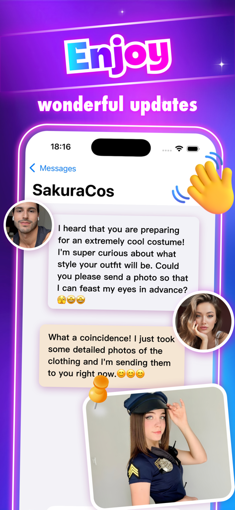 Interfaz de mensajes directos en la app Jera mostrando a dos cosplayers chateando y compartiendo una foto de disfraz.