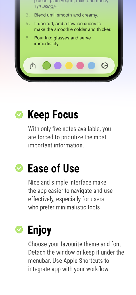 FiveNotes Mobile - Screenshot of FiveNotes Mobile displaying a recipe note and key benefits including Focus, Ease of Use, and Enjoyment.