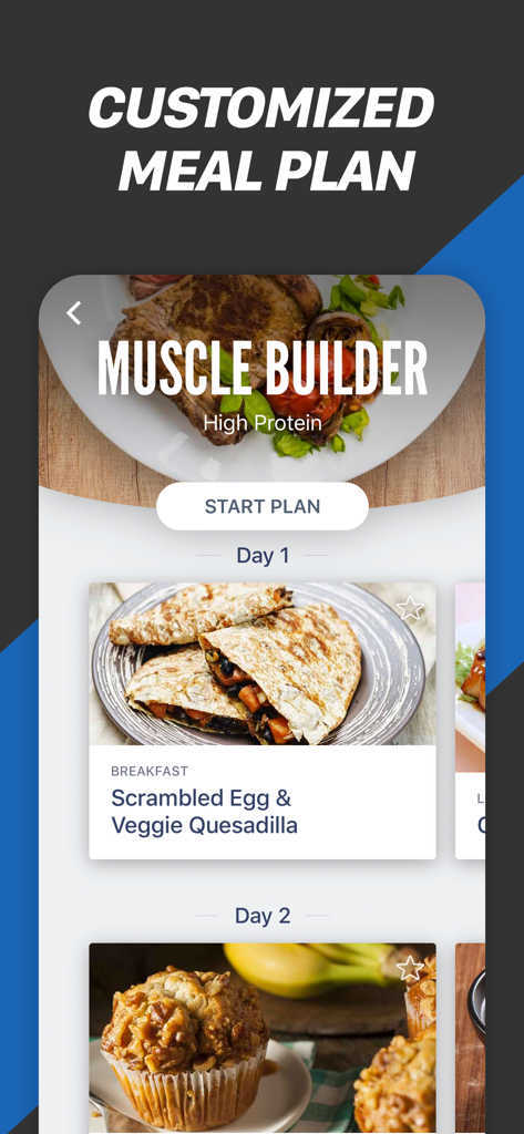 Fitness Buddy app screenshot showing a muscle builder meal plan with high protein breakfast recipes