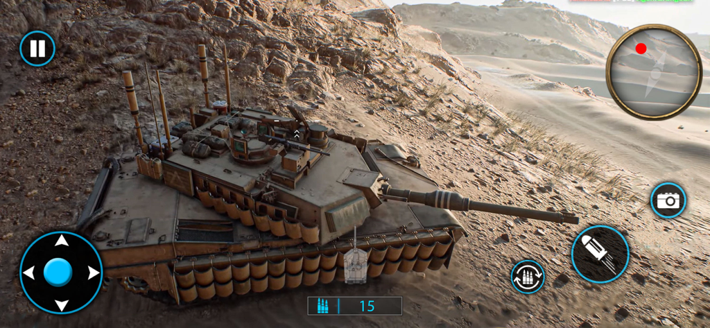 WW2 : Strike Hero War Games 3D - A 3D battle tank navigating a desert terrain in a mobile war game with on-screen controls.