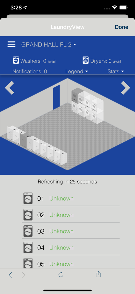セントルイス大学モバイルアプリのランドリー機空き状況ステータス。