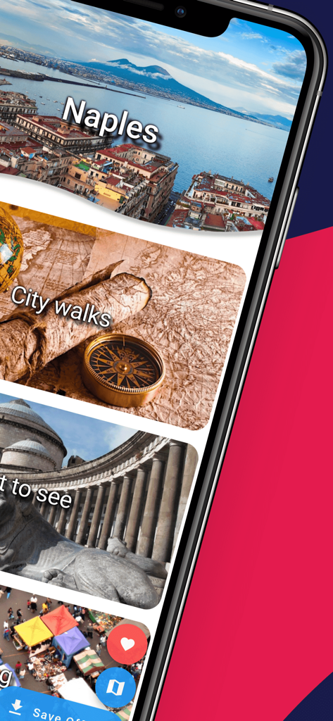나폴리 여행 가이드 앱 인터페이스, 도시 산책 및 관광 섹션 표시
