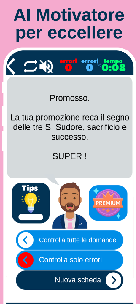 Quiz Patente B - Drivoo - Interface of the Quiz Patente Drivoo app showing a passed driving quiz result with zero errors and an AI motivational coach.