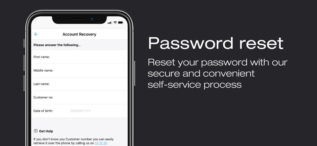 Firstmac Money - Password reset and account recovery screen in the Firstmac Money mobile app