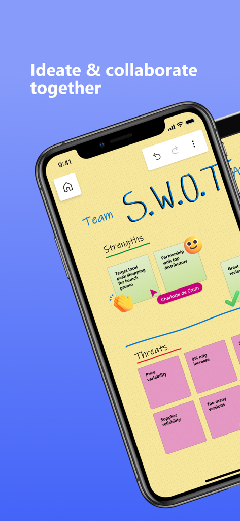 Microsoft Whiteboard - Écran de smartphone affichant une analyse SWOT collaborative sur Microsoft Whiteboard avec des notes autocollantes numériques.