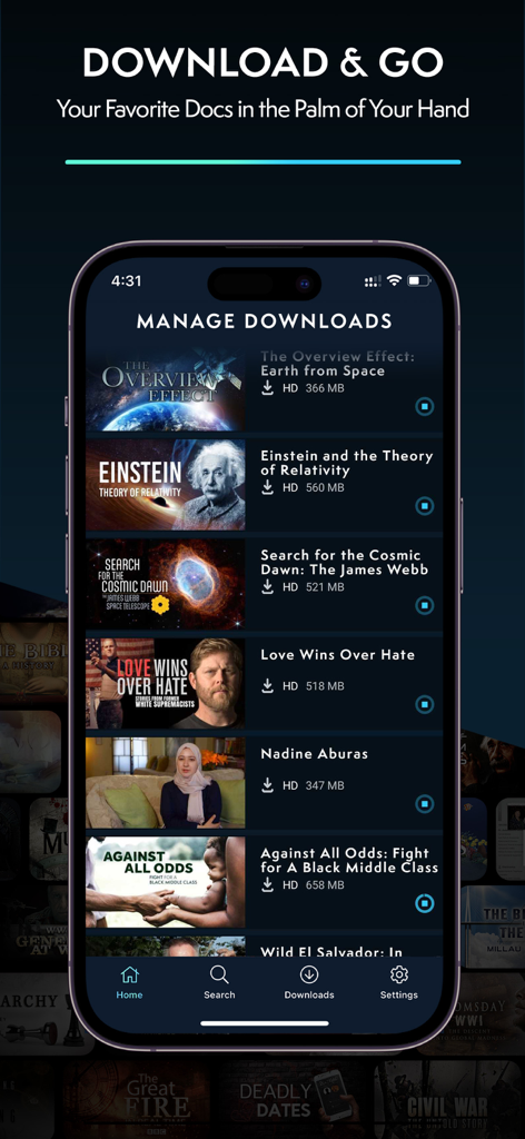 MagellanTV Documentaries - Pantalla de la aplicación móvil MagellanTV mostrando una lista de documentales descargados para ver sin conexión