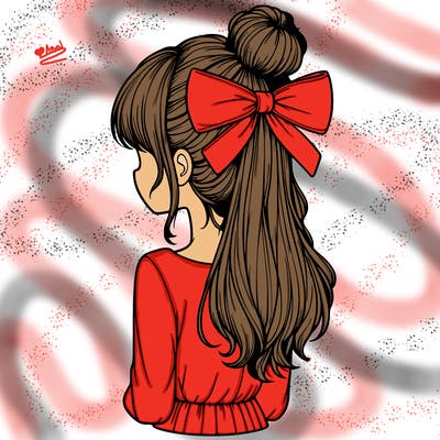 realistic girl  with hip length hair a bun and a big bow on the back of head