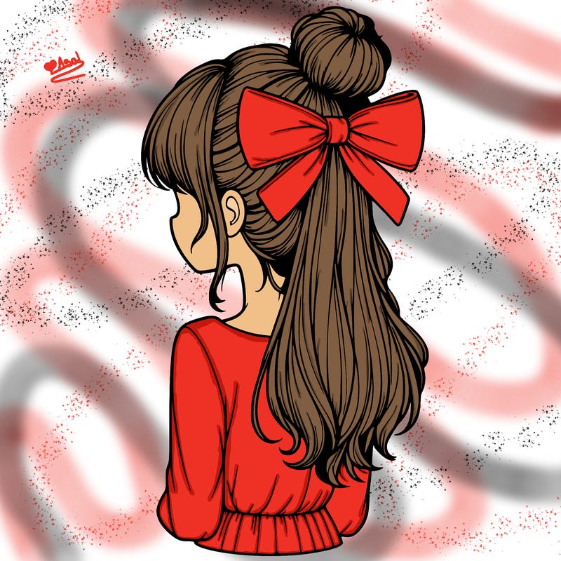realistic girl  with hip length hair a bun and a big bow on the back of head