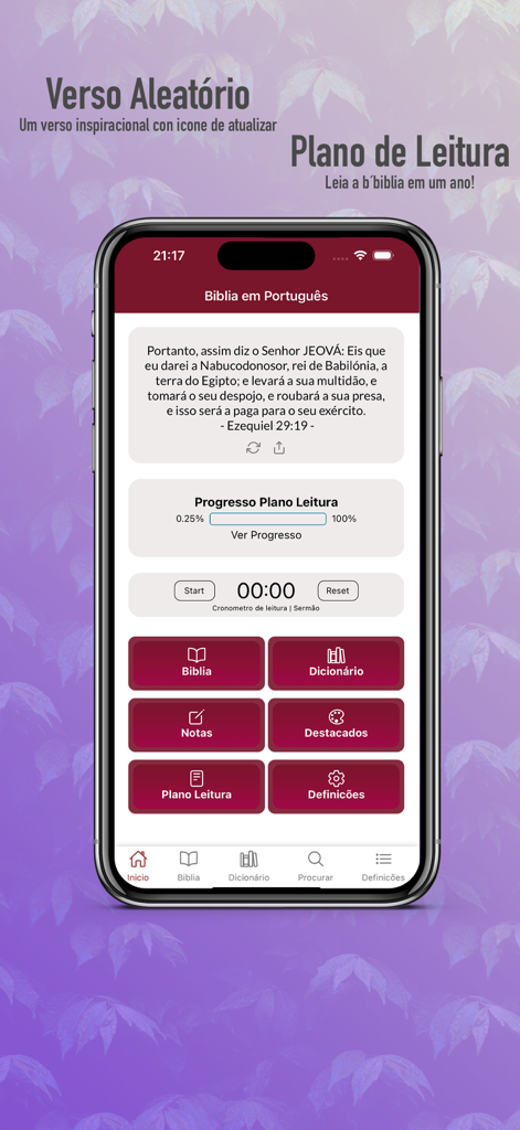 Portuguese Bible app interface showing a daily verse, reading progress, and navigation menu