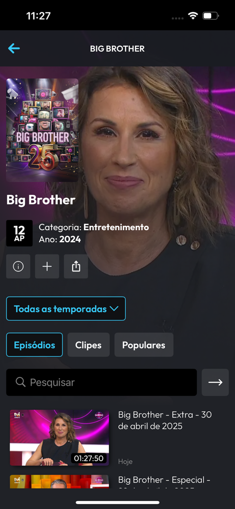 TVI Player app display for Big Brother Portugal reality show including episode list and entertainment categories.