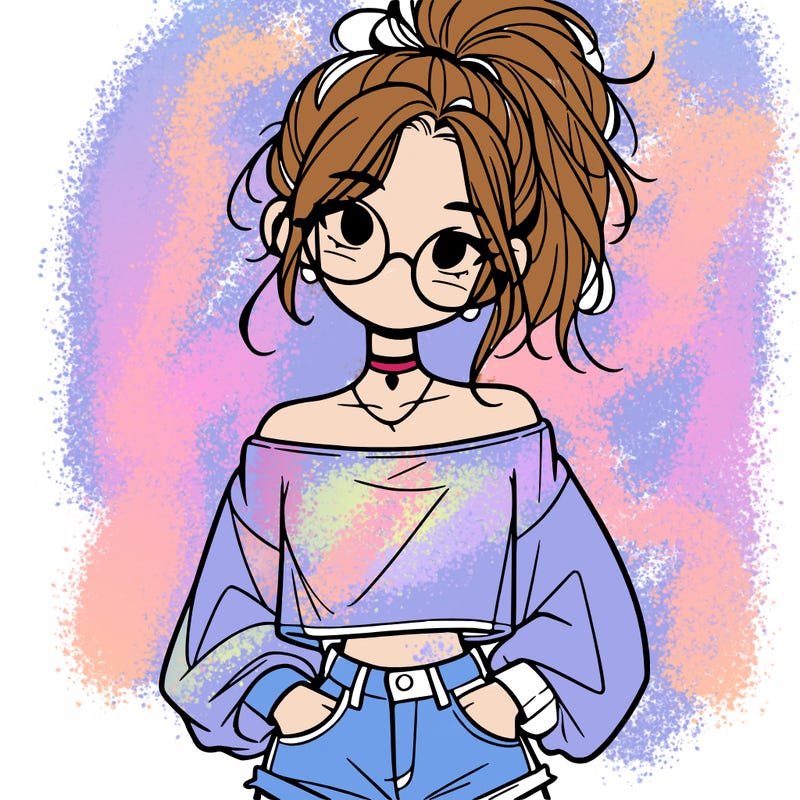 girl with a messy ponytail glasses a baggy crop top and jean shorts