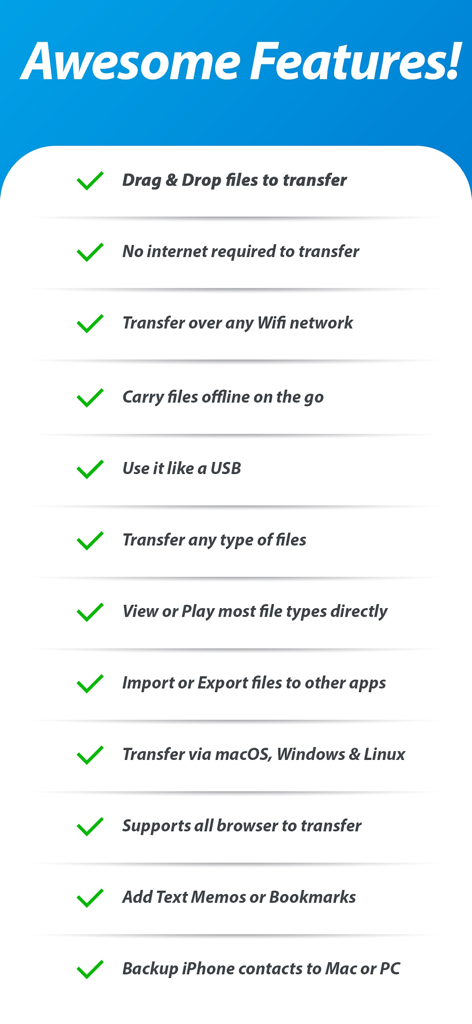 Air Share Wifi File Transfer - Lista de características clave de la aplicación Air Share Transferencia de Archivos Wifi, incluyendo arrastrar y soltar y acceso a archivos sin conexión