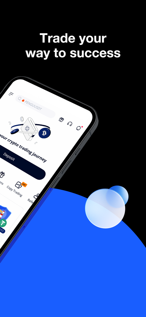 BTCC mobile app interface on a smartphone with the slogan Trade your way to success