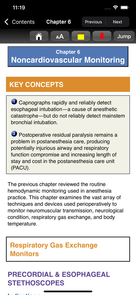 Clinical Anesthesiology, 7/E - Clinical Anesthesiology app displaying Chapter 6 on Noncardiovascular Monitoring with key concepts and medical text