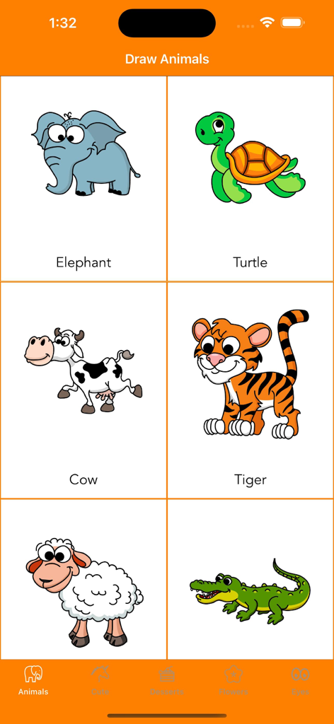 A selection of cartoon animals like an elephant and turtle to draw step by step