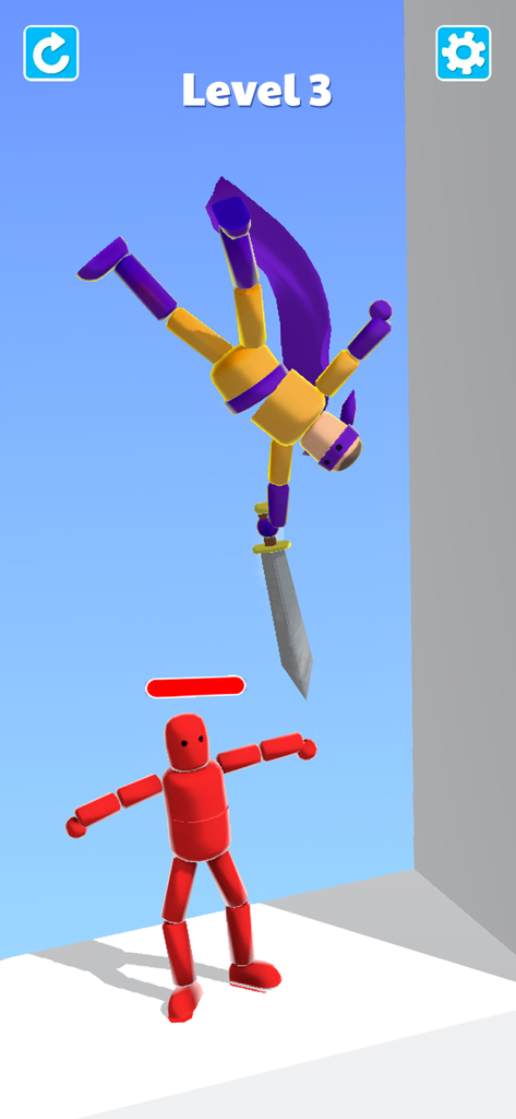 Ragdoll Ninja: Imposter Hero - Um personagem ninja ragdoll amarelo pendurado de cabeça para baixo com uma espada acima de um inimigo stickman vermelho