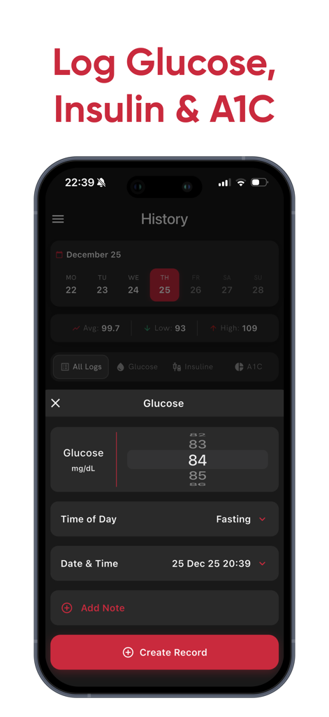 Gluco - Blood Glucose Monitor - Mobile app interface of Gluco showing blood glucose logging and historical tracking data.
