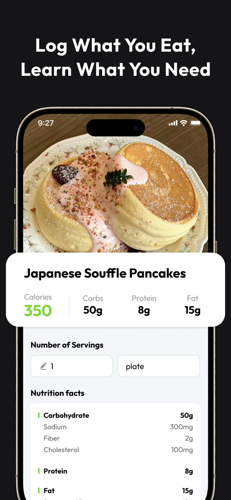 SnapCalアプリのインターフェース。スフレパンケーキのAIカロリー計算と栄養成分が表示されています。