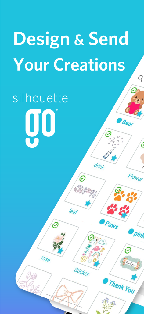 Silhouette Go - Silhouette Go app displaying a digital library of craft designs and stickers for DIY projects