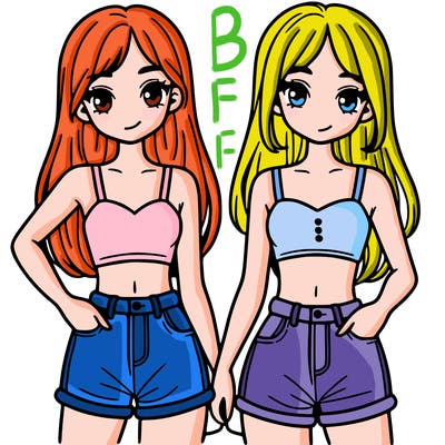 two sisters with crop tops and jean shorts and straight hair