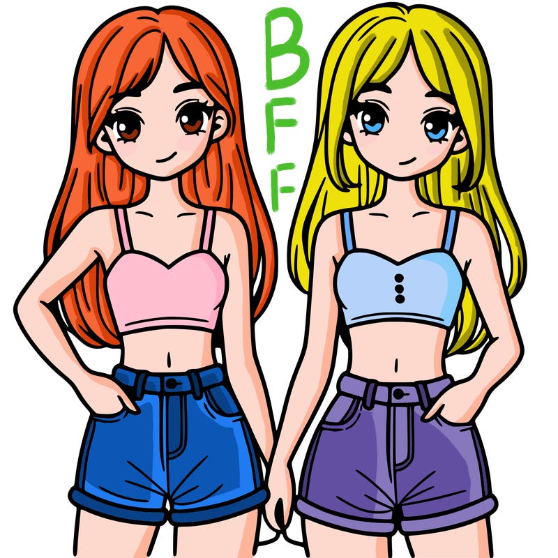 two sisters with crop tops and jean shorts and straight hair