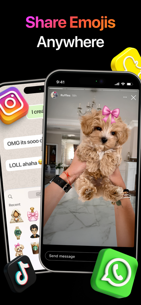 Dos iPhones mostrando emojis IA personalizados compartidos en historias de Instagram y aplicaciones de mensajería con iconos de redes sociales.