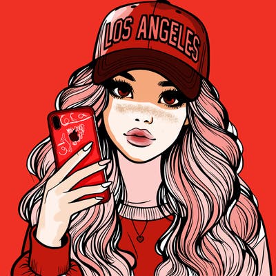 realistic beautiful girl wearing los ángeles cap holding an iphone