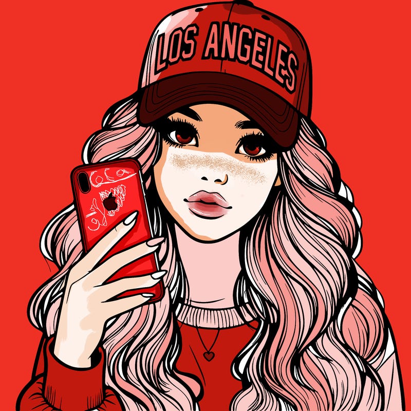 realistic beautiful girl wearing los ángeles cap holding an iphone