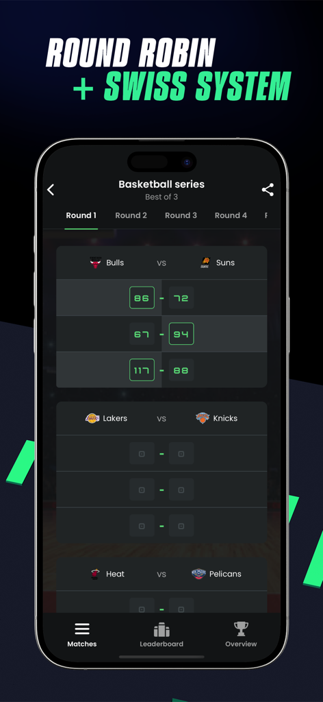 Tourney app screen displaying basketball tournament match results and scores for Round Robin and Swiss System formats.